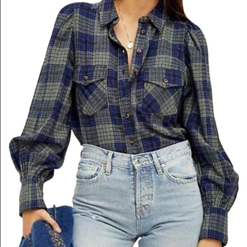 Free People Puff Sleeve Flannel Navy Blue Plaid
Size Small